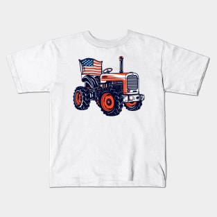 Farm Tractor American Flag 4th Of July Farming Farmer Kids T-Shirt